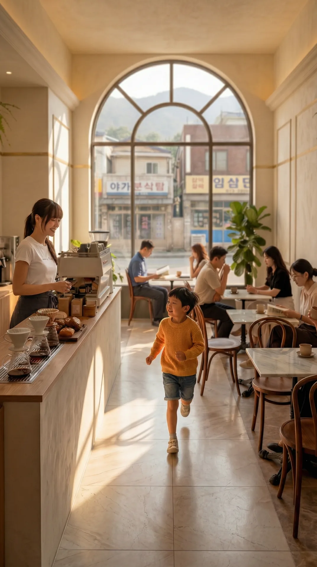 카페 통로를 달리는 아이 · 기준 이미지