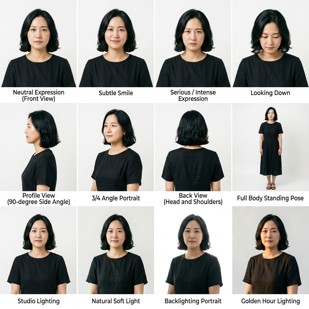 검은 원피스 인물 · 표정·각도·조명 시트