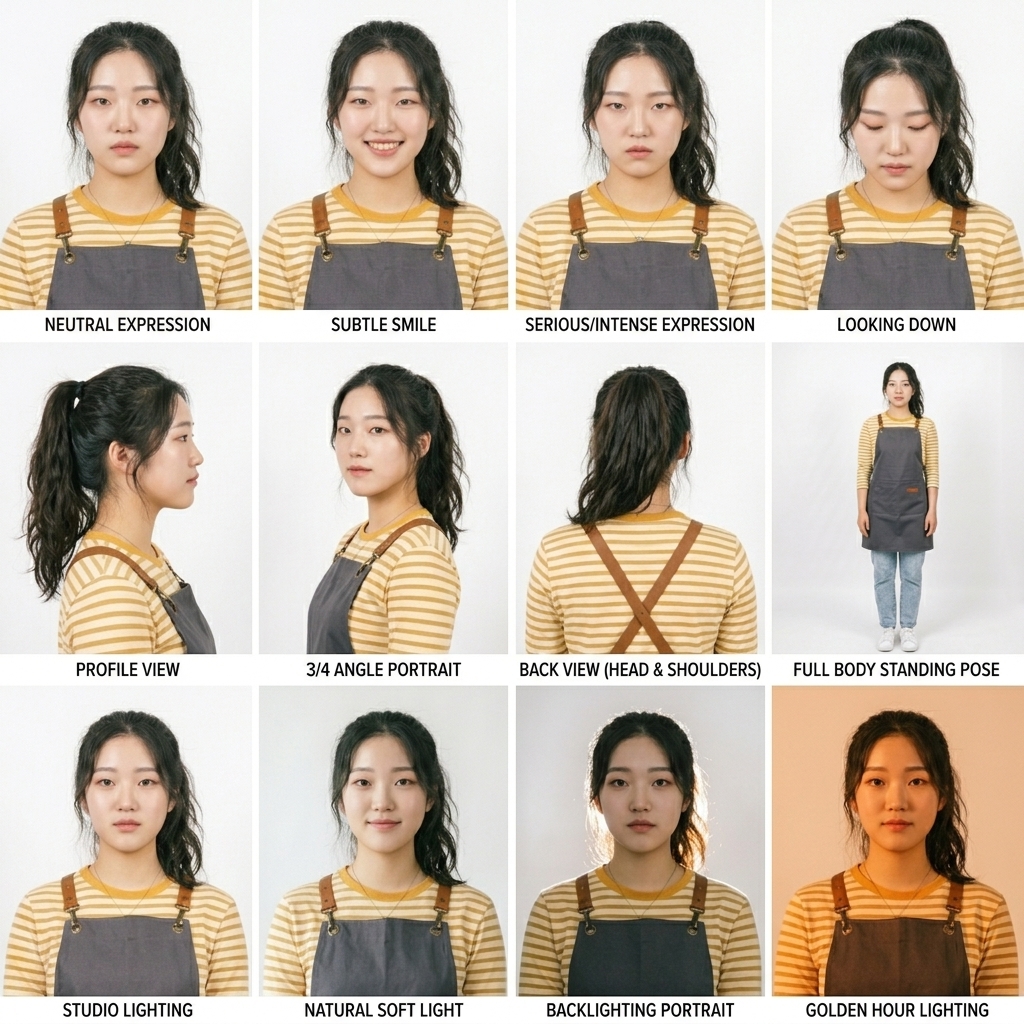 줄무늬 앞치마 인물 · 표정·각도·조명 시트